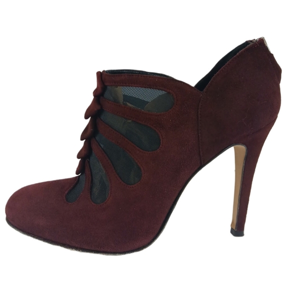 Sarah Flint Burgundy Blake Ankle Boots Suede Booties Mesh Cutouts Pumps Heels - Picture 9 of 15